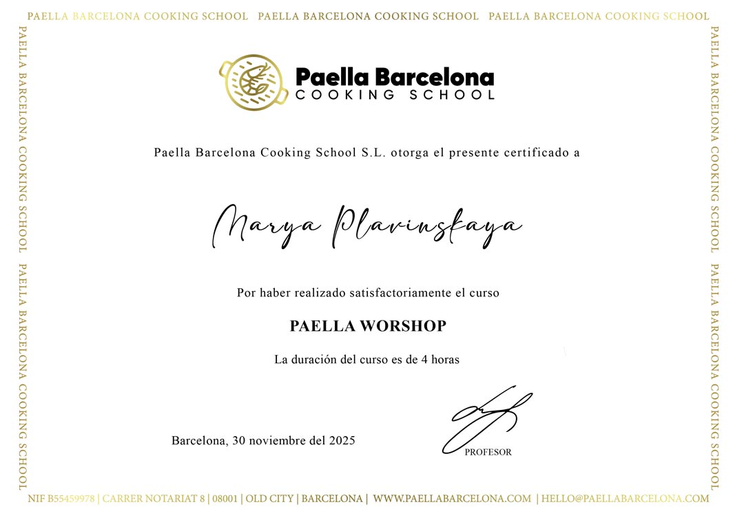 Official certificate awarded at the end of the paella team building workshop in Barcelona. It certifies the team’s participation in a chef-led corporate culinary experience, featuring group cooking, collaboration, and a final celebration.
