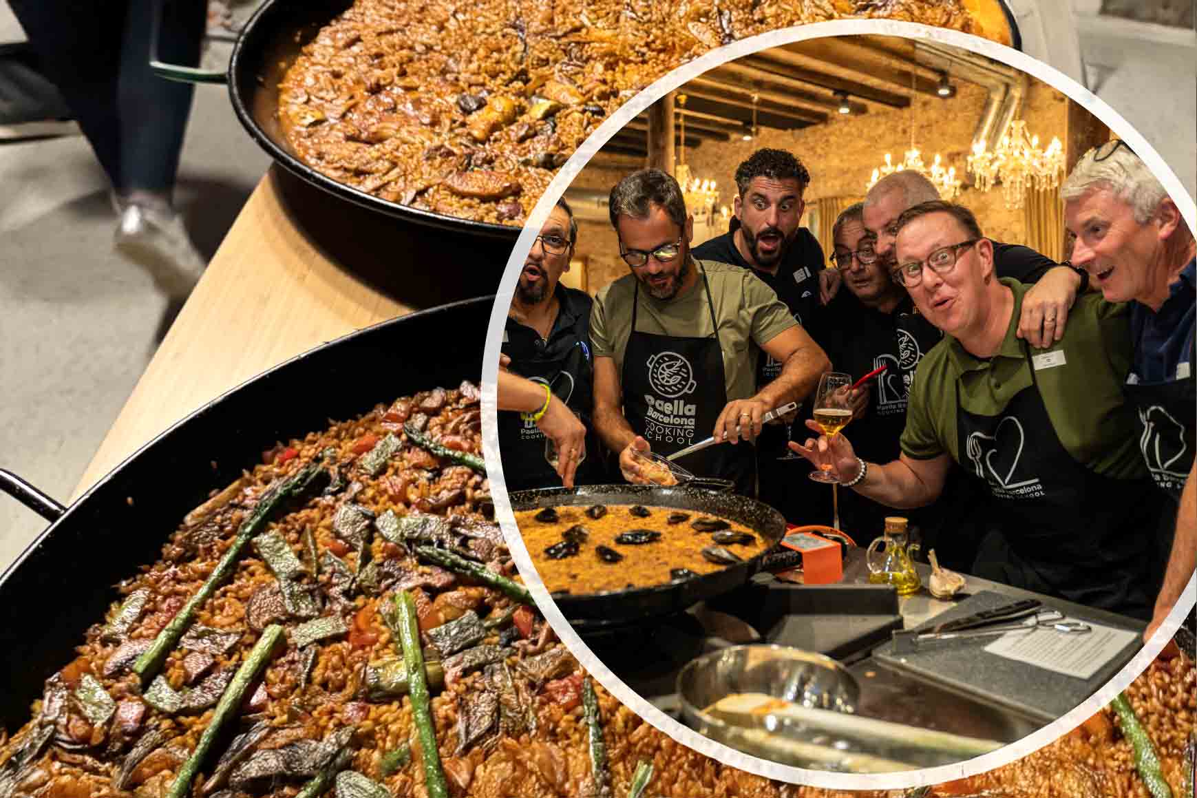 Closing image of the cooking workshop for companies in Barcelona: the team celebrates while comparing their paellas and enjoying the result. A culinary team building experience that improves the work environment, strengthens collaboration and creates an unforgettable memory.